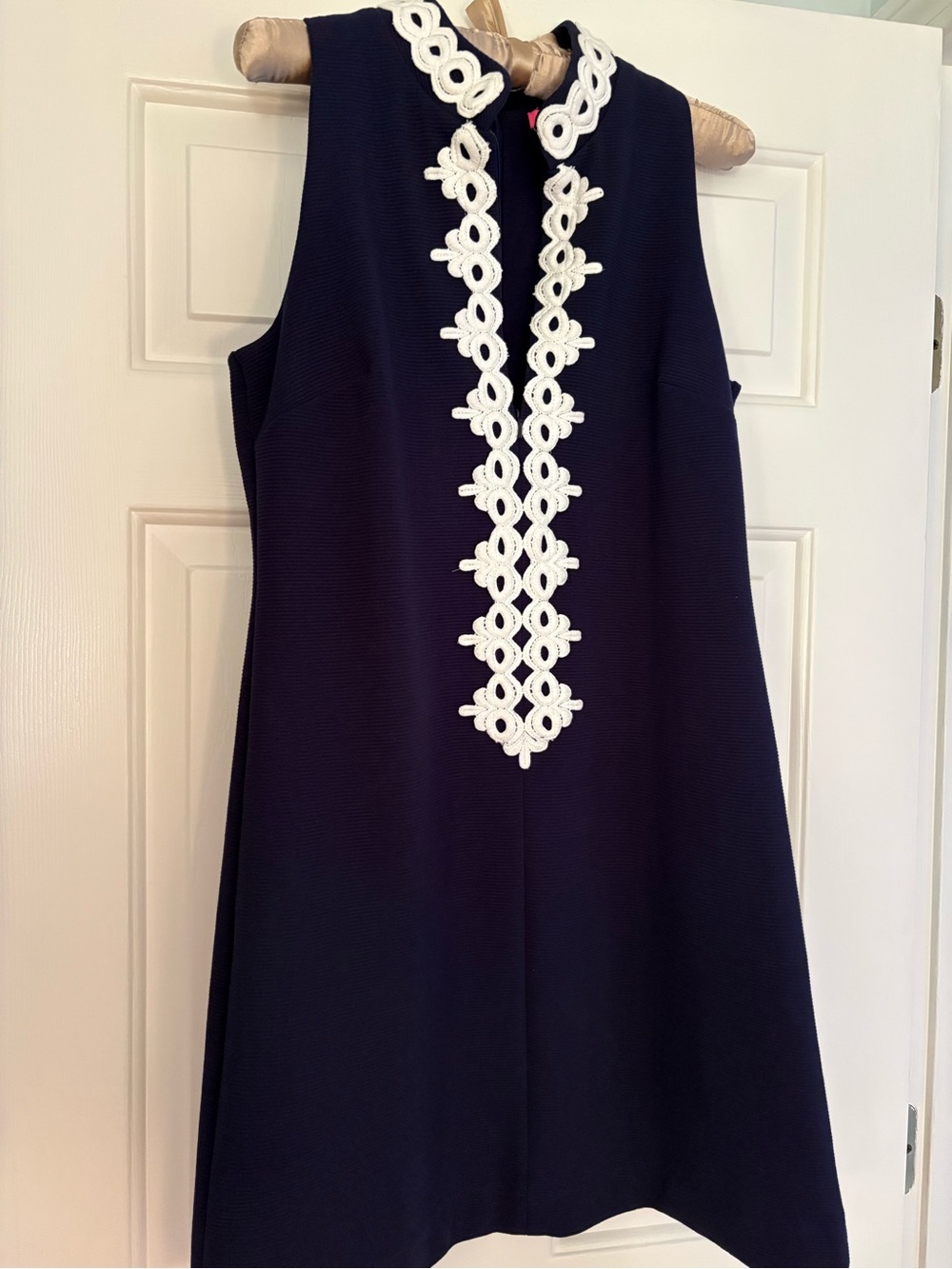 Lilly Pulitzer Lined Navy Shift Dress with White Crochet Trim